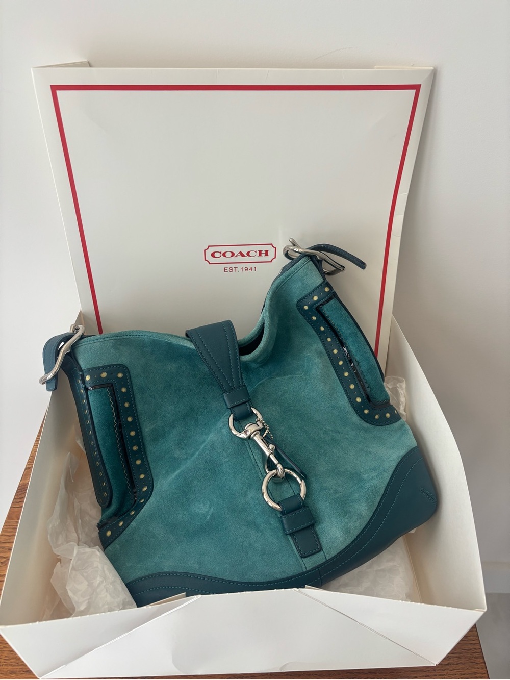 Coach 2006 NWT Hamptons Suede Hobo Bag, Teal Blue w/Silver Hardware NEW IN BOX - Picture 7 of 8